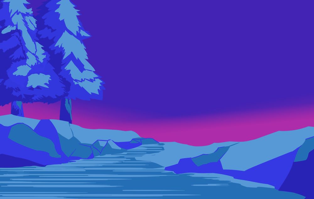 A cold colored background with ice rocks and two pine trees