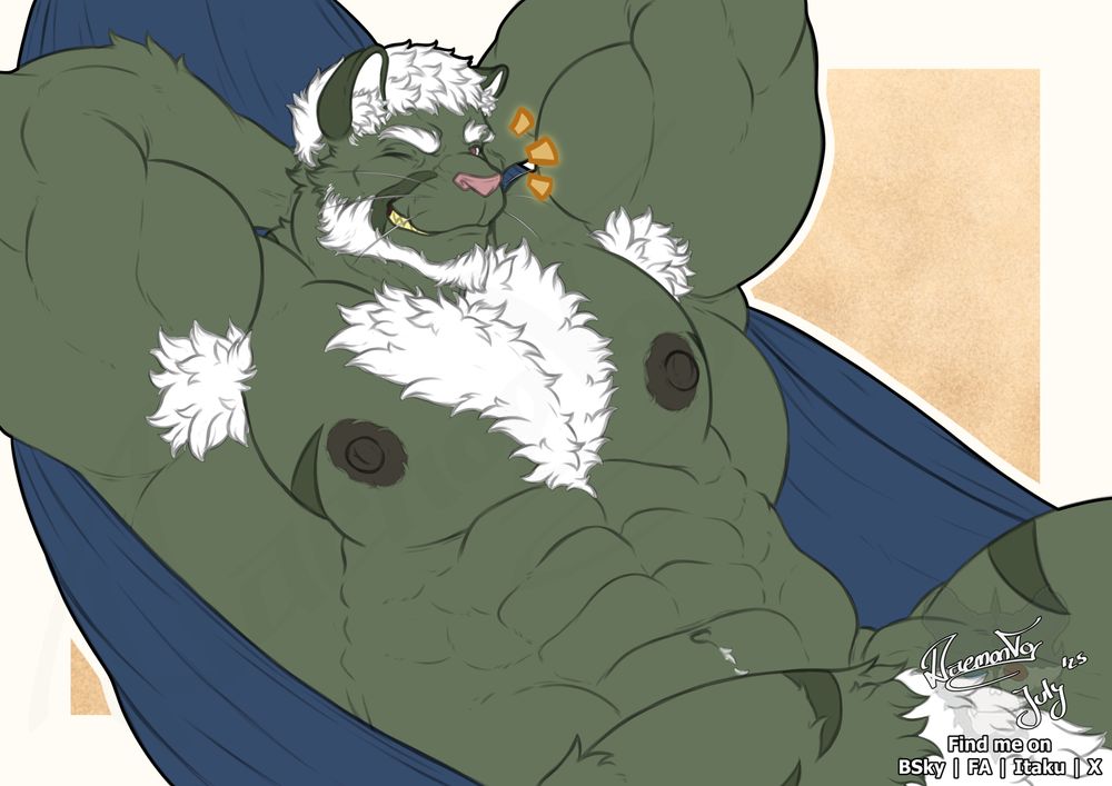 Commission for Sollyz, ft. Wediz! Lying nude on a dark blue hammock, showing off his muscles!
