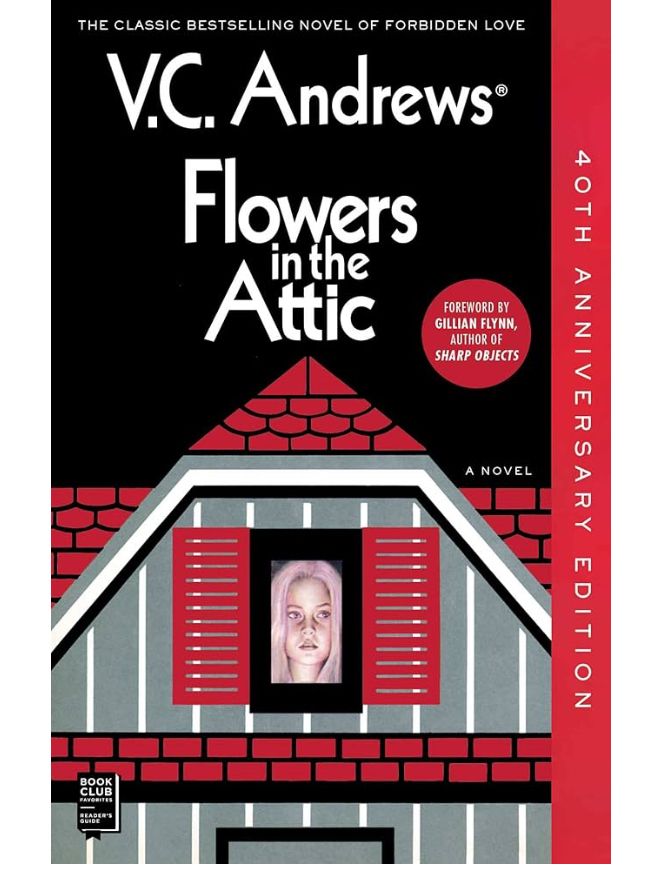 Cover of the book Flowers in the Attic by VC Andrew’s.  A young, pale girl’s face is anxiously looking out an attic window.