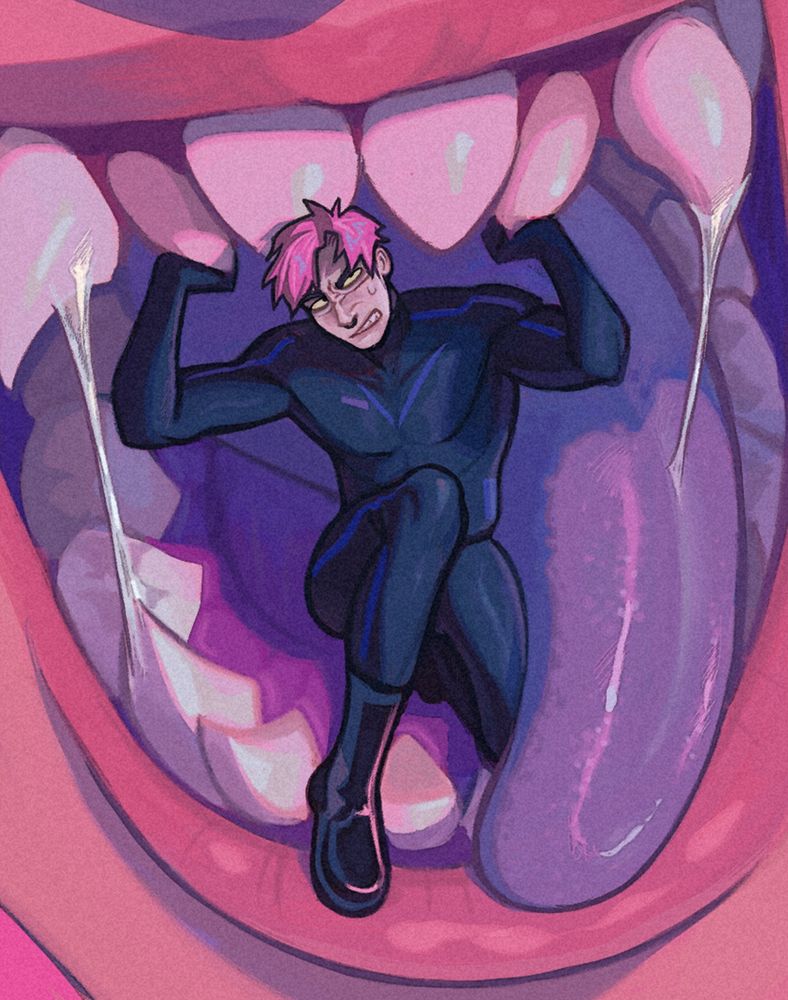 Lex, a pink haired man in a futuristic space suit, holds open a large mouth threatening to eat him.