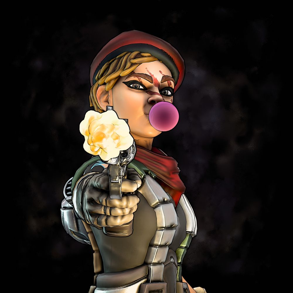 Moze from Borderlands 3 is firing a gun at the camera while bolwing bubblegum. She is wearing a red beret and has three clawmarks on her face