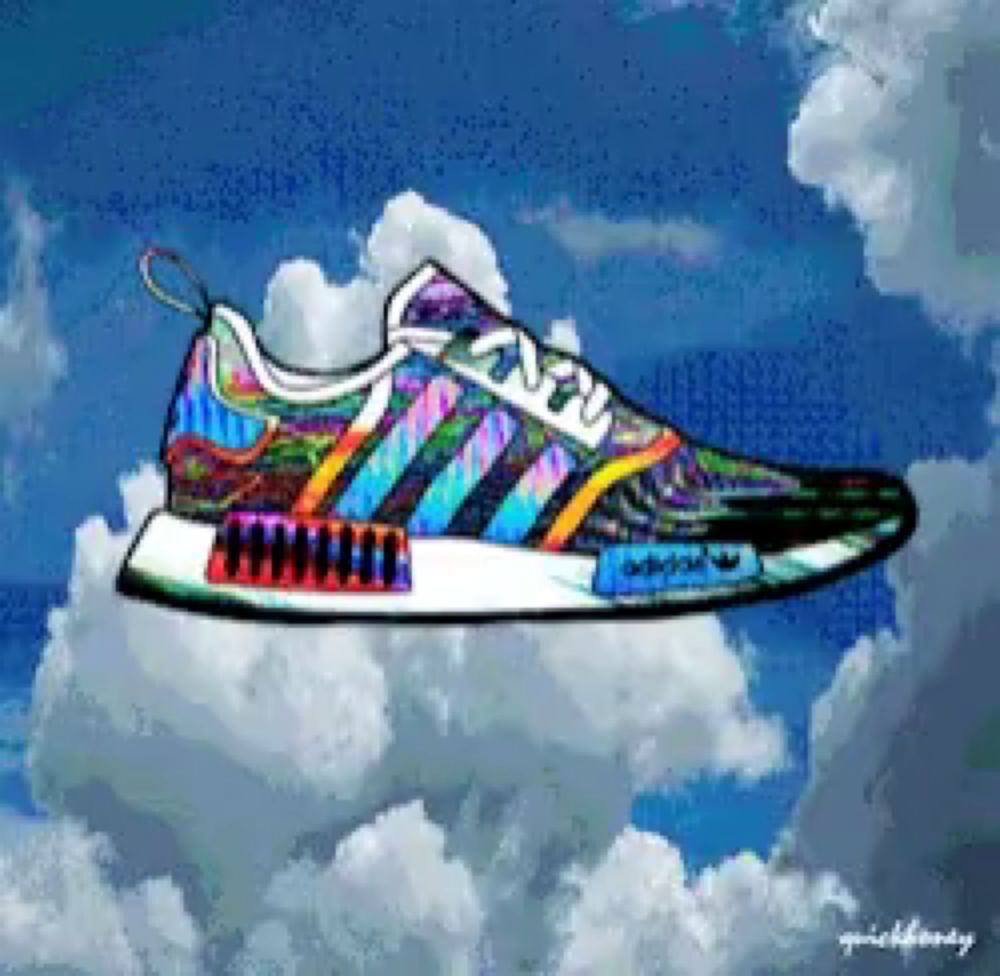 a drawing of a colorful adidas shoe in the clouds