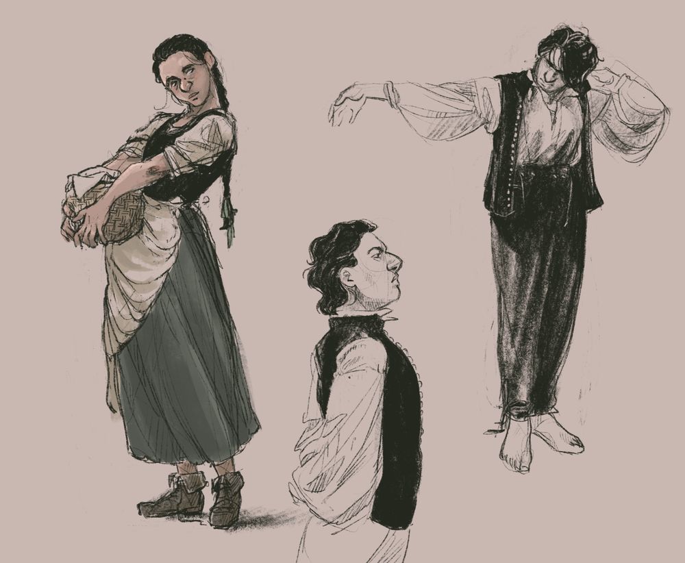 three sketches of the main character, in the first he's wearing a skirt carrying a basket, followed by him trying on men's clothes and standing proudly in the bottom sketch