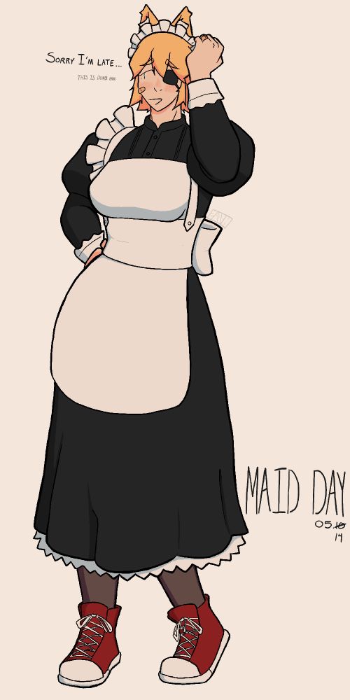 Katya wearing a maid uniform with red converse-style shoes. Shes adjusting the headband and looks a bit embarrassed. 
Text:
Katya: "Sorry I'm late... this is dumb haha"
MAID DAY 05.14 (05.10 crossed out)