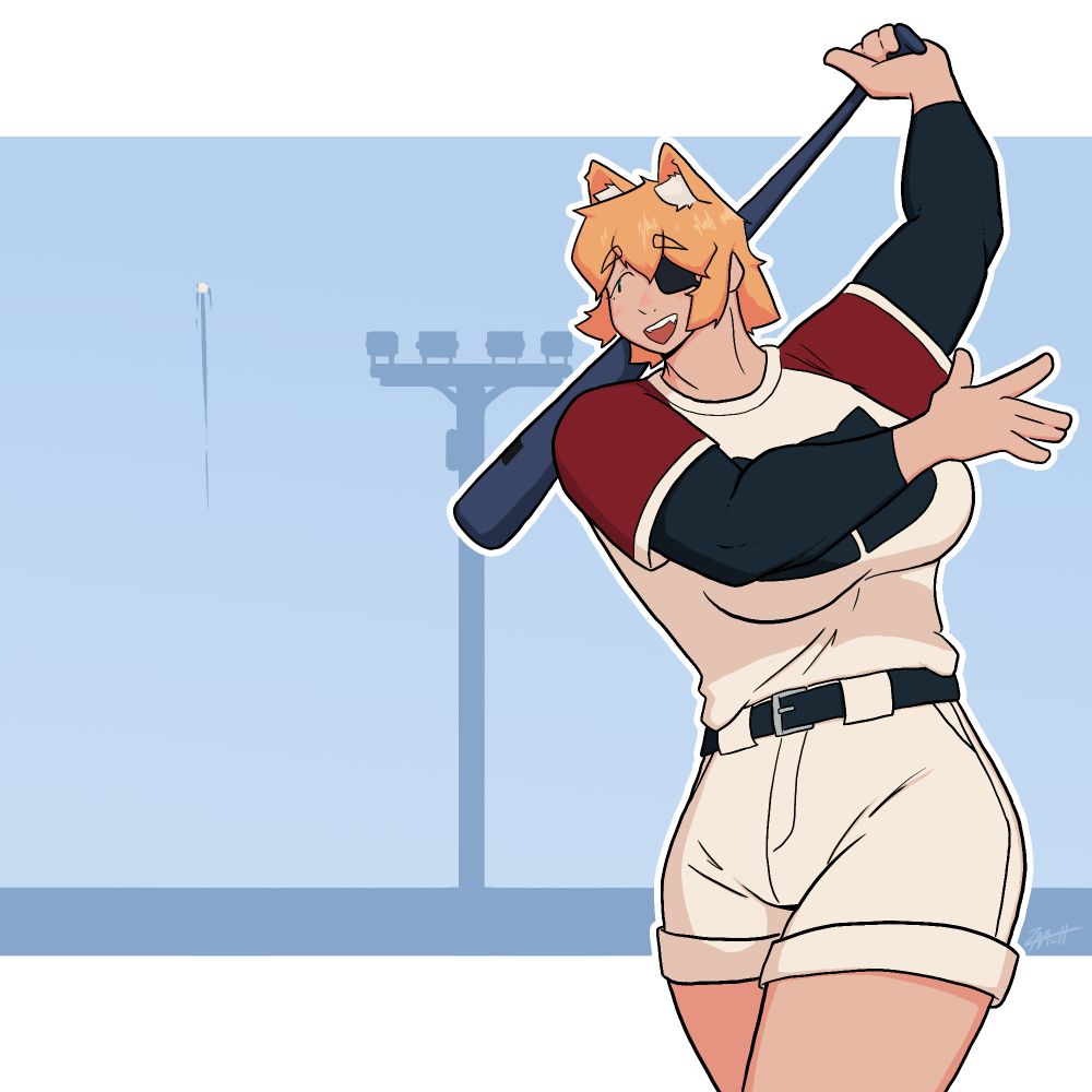 Katya wearing the baseball uniform from FLCL after swinging a bat, looking up towards the ball. The background is the ball going out of the park. Its fucking gone. She clobbered that thing. 