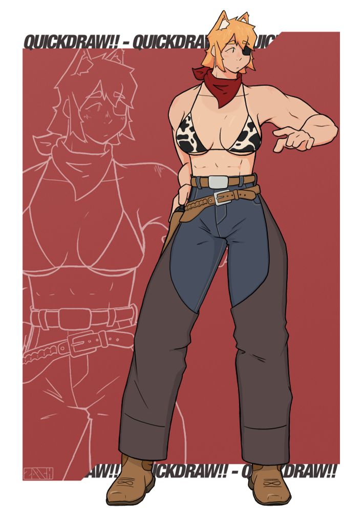 Katya wearing a western-style outfit (bandana, chaps, cowboy boots, gunbelt) and cowprint bikini turning and about to draw a pistol