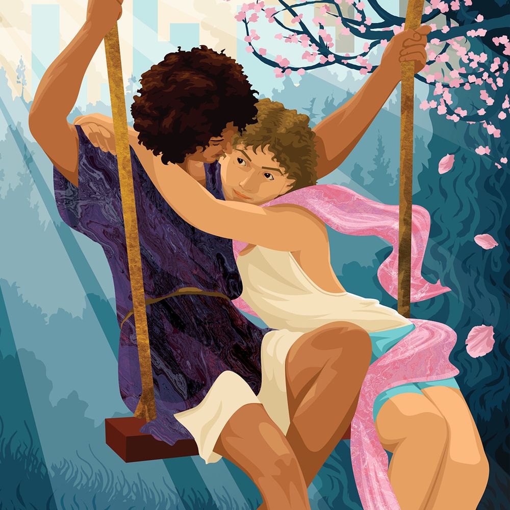 Two characters on a swing. One wears white shirt and blue pants with a long pink scarf. The other wears a purple tunic and white pants. Flower petals blow in the breeze.
