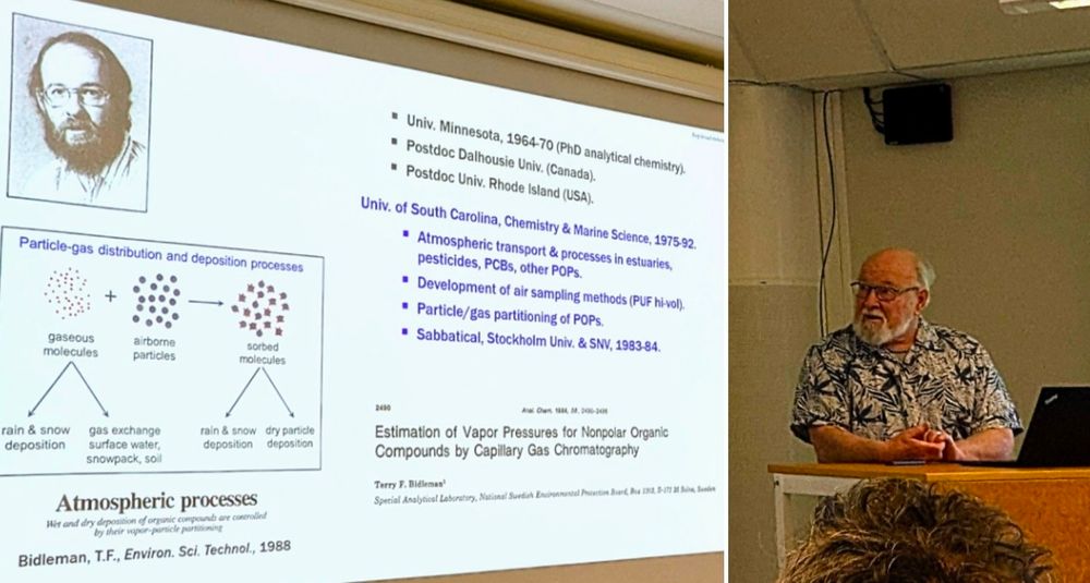 Slide presentation with text about atmospheric and aquatic chemistry, and the presenter (older man) to the side