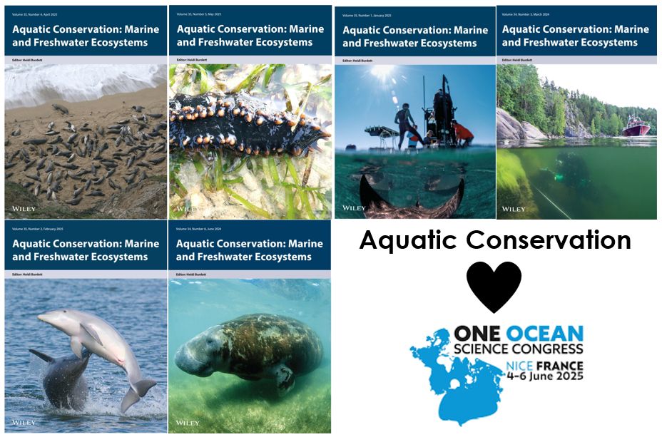 journal front covers with a marine theme - seals, sea cucumber, rays, divers, dolphins, manatees. Text: aquatic conservation loves one ocean science congress