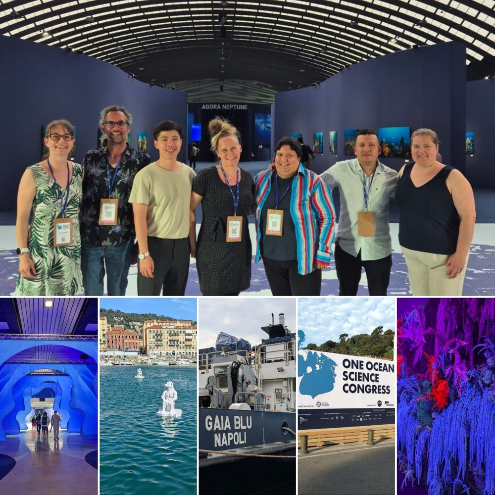 7 panels, group of 7 people, a blue hallway, statues in the sea, a research vessel, a OOSC sign, and colourful art 