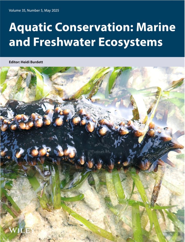 journal front cover, with Aquatic Conservation title and an image of a spiky sea cucumber in seagrass