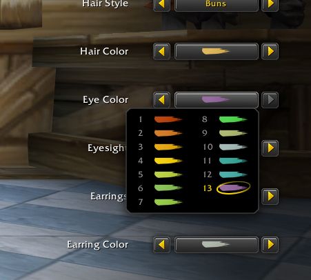 A screengrab from World of Warcraft showing a selection of eye colours, numbered with colour swashes next to it. BUT no text saying what colour is what, thus this is utter crap for people who are colourblind.