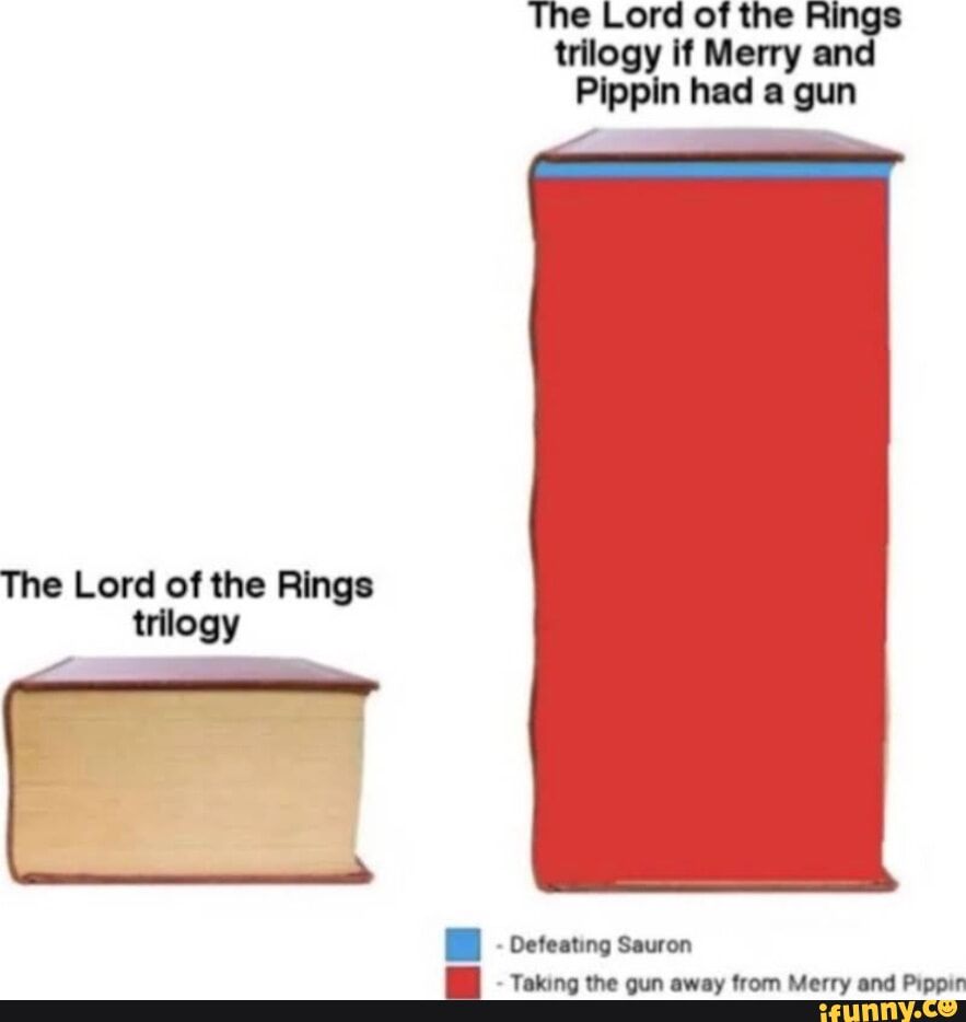 On the left, a thick book marked 'THE LORD OF THE RINGS' trilogy. On the right, a much much much thicker book entitled 'THE LORD OF THE RINGS IF MERRY AND PIPPIN HAD A GUN', which is divided into the brief prologue 'defeating Sauron' and the much much much longer 'taking the run away from Merry and Pippin' sections 