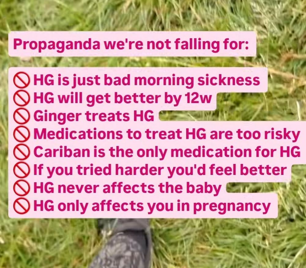 Propaganda we're not falling for:

HG is just bad morning sickness
HG will get better by 12w
Ginger treats HG
Medications to treat HG are too risky
Cariban is the only medication for HG
If you tried harder you'd feel better 
HG never affects the baby
HG only affects you in pregnancy 
