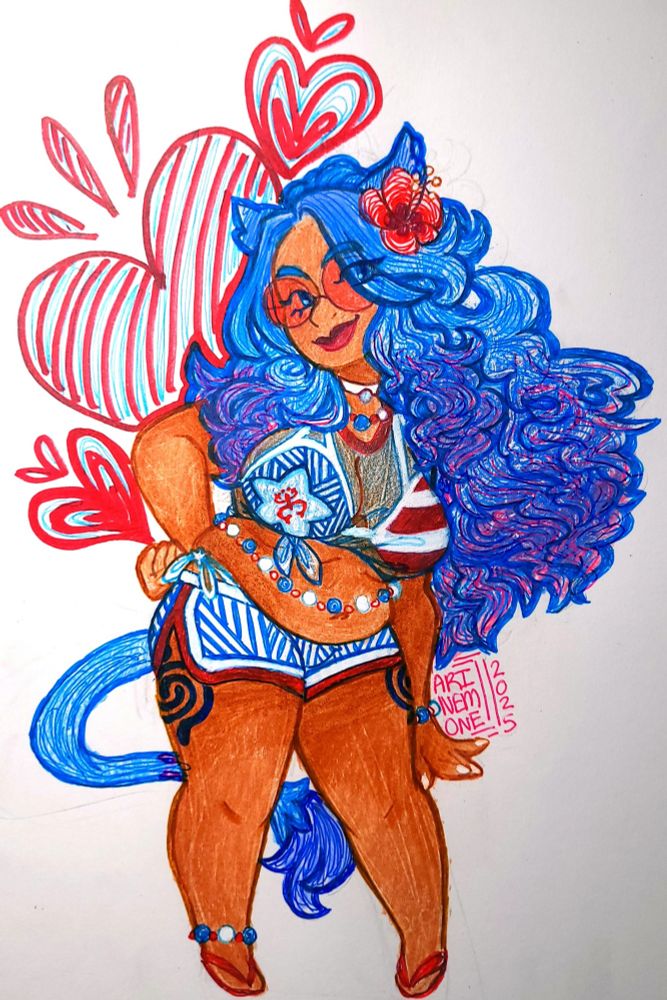 Rhemi with her hands on her jutted out hip, striking a cute pose for rhe camera in Puerto rican-theemed beachwear/clothing. Done with ink/colored graphite 