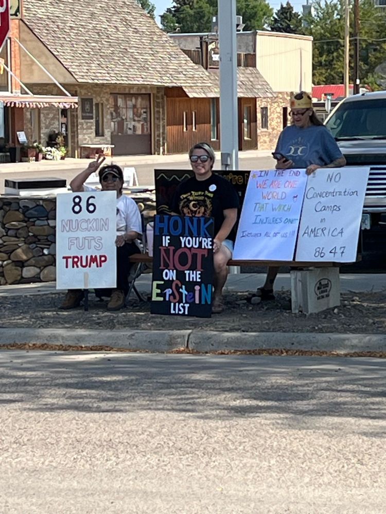 Resisters on sidewalk Forsyth, Montana
signs 86 TRUMP - HONK IF YOU'RE NOT ON EPSTEIN LIST
NO CONCENTRATION CAMPS IN AMERICA