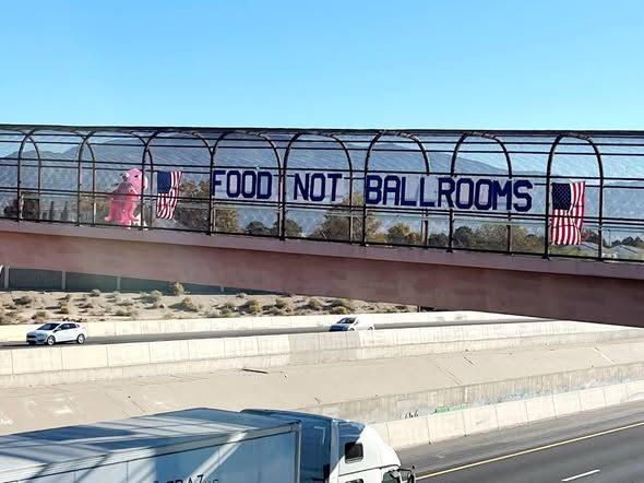 Protesters on overpass Albuquerque NM.
banner & American flags FOOD NOT BALLROOMS