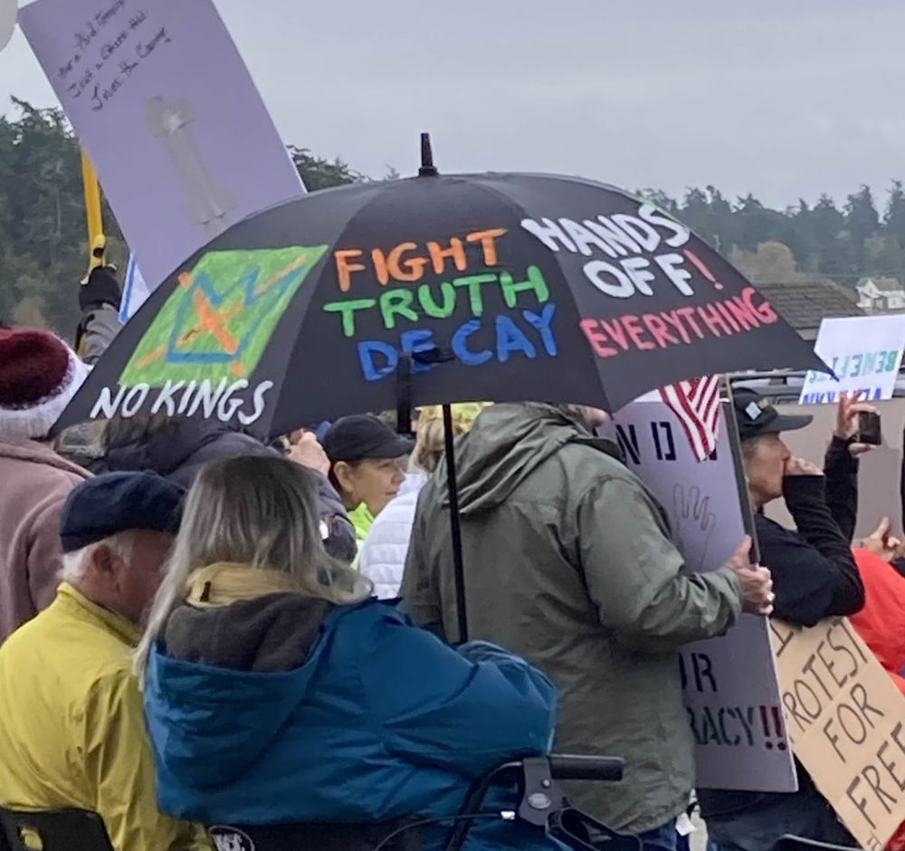 No Kings Coupeville WA
Protest slogans written on an black umbrella different colors
NO KINGS [ blue crown red X ] FIGHT TRUTH DECAY - HANDS OFF
EVERYTHING