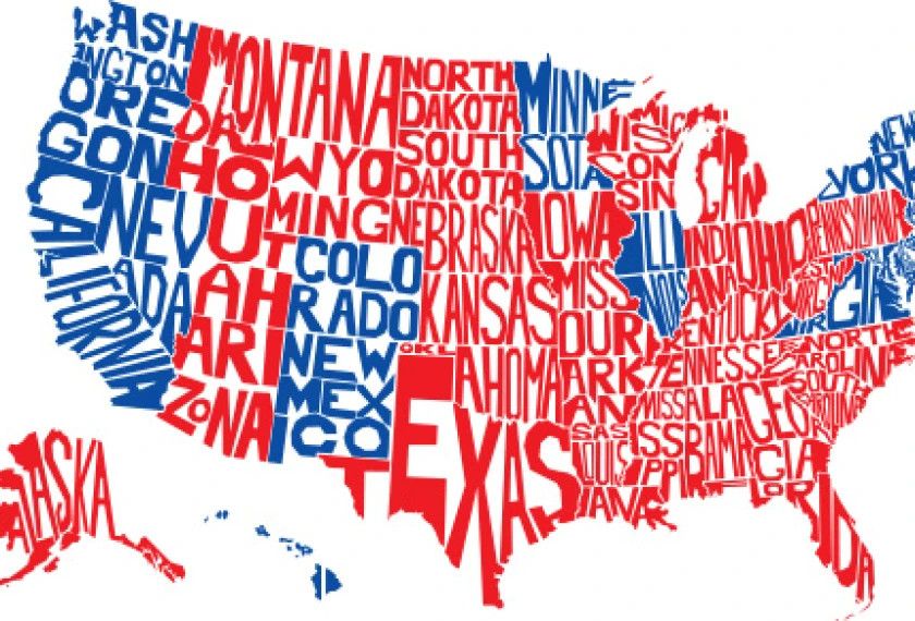  Map of Unites States -Red States & Blue States [ names written in red & blue ] 
Getty Images
