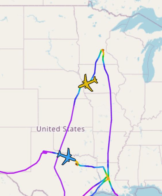 ICE Air Flight Map
yellow plane Minneapolis ~ 11am CDT Omaha ~ 1pm CDT
blue plane Dallas ~~ 2pm CDT
KAEX – KMSP – KOMA
KIWA – KDAL – KAEX