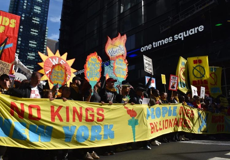 No Kings Day protesters  Times Square  New York City October 18
banner & signs NO KINGS NEW YORK [ yellow banner ]
Credit: Ariama C. Long photo