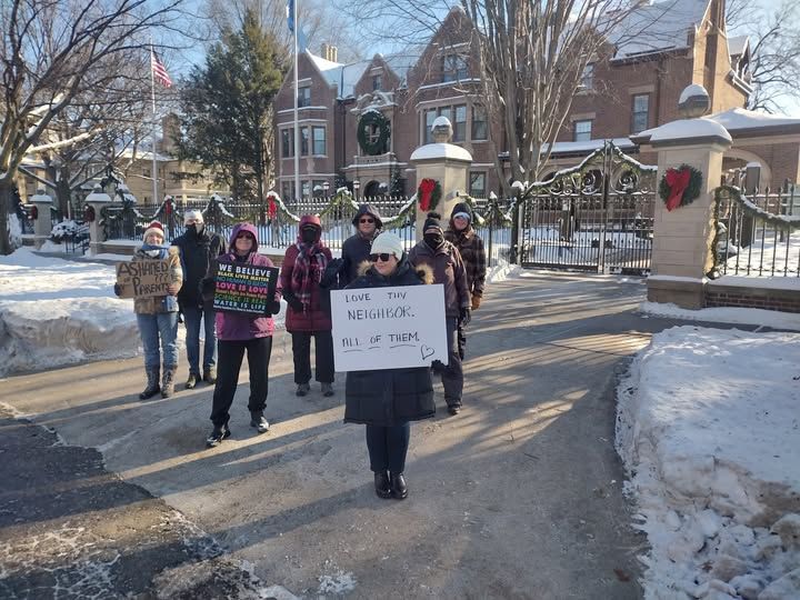 Gov Tim Walz supporters in front of St Paul mansion
signs ASHAMED OF YOUR PARENTS ??? - LOVE THY NEIGHBOR ALL OF THEM 