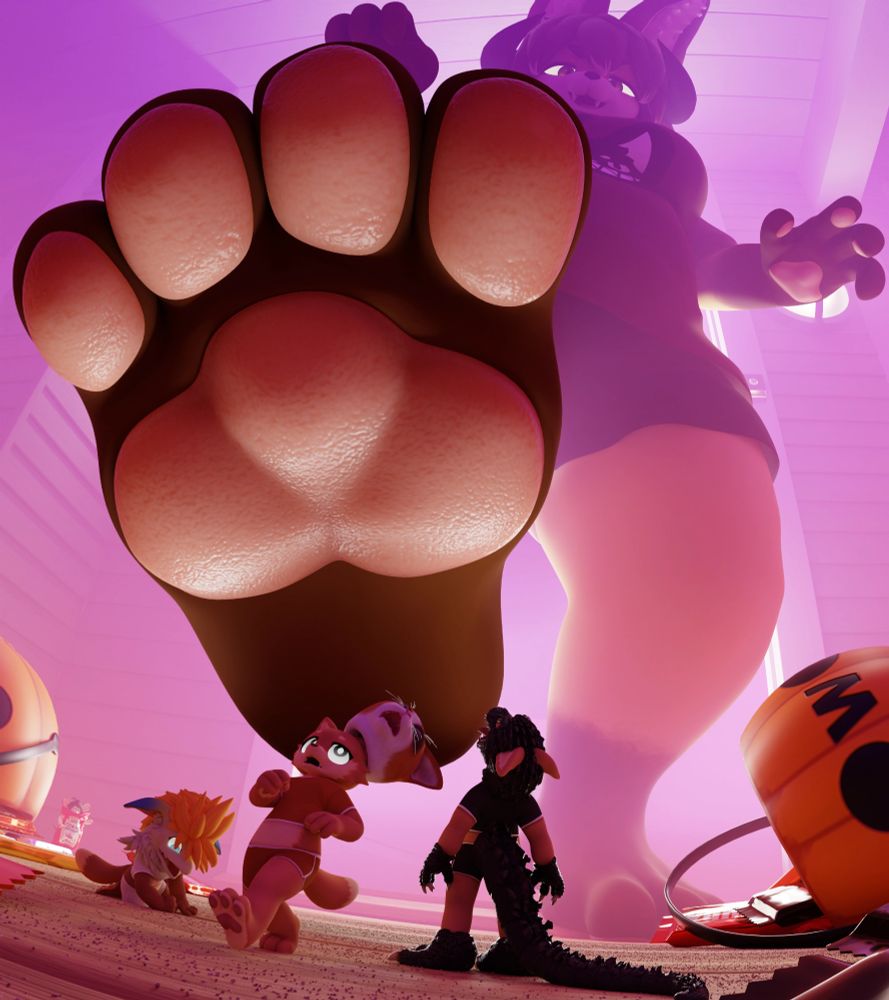 the three trick-or-treaters have been shrunken to the size of mice, and the fox has lifted up one of their paws and is about to step on them all