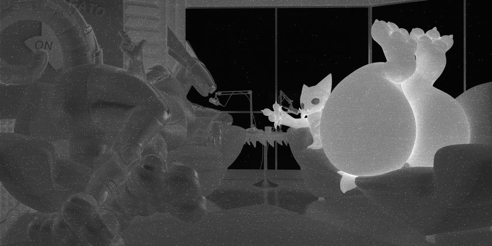 render time pass of floragato late night podcast, showing floragatos whole body as the pixels that took the longest to render