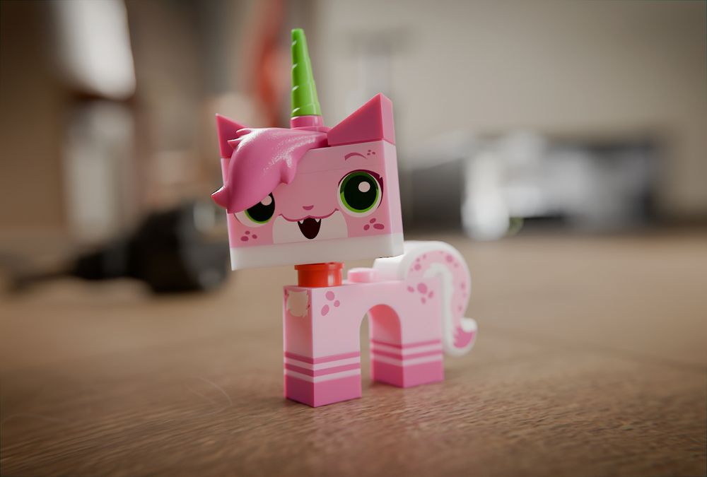 momo the lynx, but as a unicorn kitty made out of plastic lego bricks. they are standing on the floor of a living room and smiling to the viewer