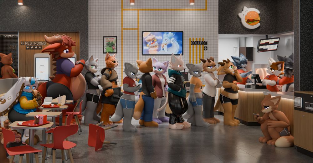 a long line of furs waiting to order a burger at a fast food restaurant named "catburger". the fur next to the counter is taking a long time deciding what they want, and the staff looks worried