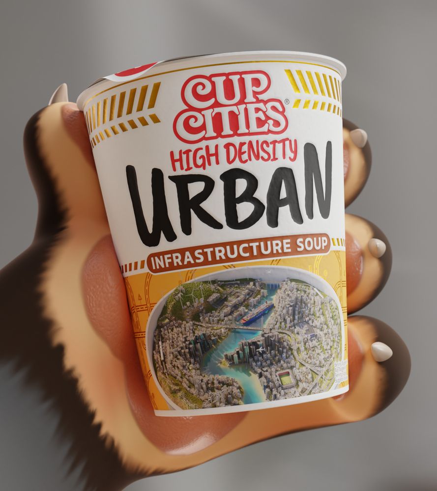 A styrofoam cup labeled "Cup Cities: High Density URBAN Infrastructure Soup". The picture on the label shows a cup with a city in it, with skyscrapers, bridges, windmills and roads.