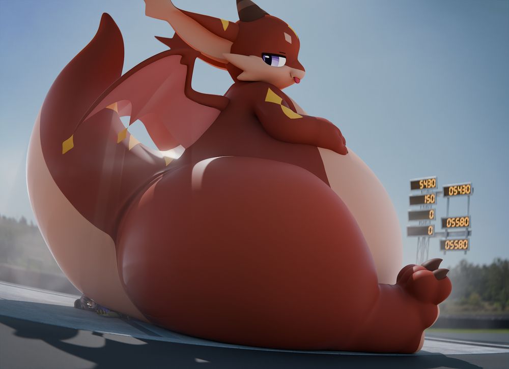 a big and round dragon sitting on an anthro dog, they are on top of a vehicle scale that's reading 5580 kg in total