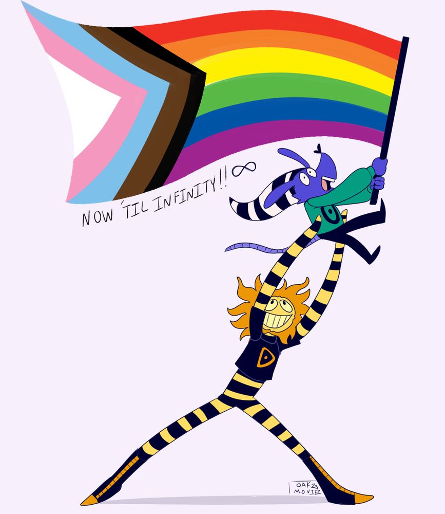 dez holds spencer up and spencer waves the progress flag
the text reads "now 'til infinity"