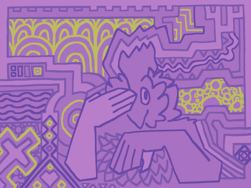 superposition (2025): a playful portrait in purple of my fursona, an anthropomorphic chicken, covering one eye with their hand. the flat linework forms energetic patterns around them, suggesting a psychedelic texture