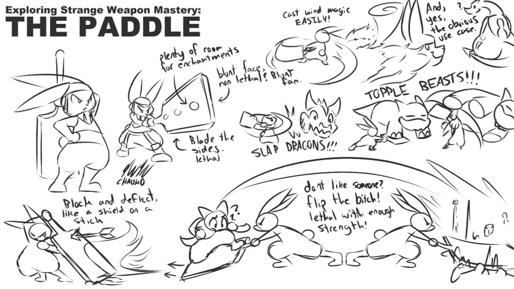 - Plenty of room for enchantments
- Blunt face, non lethal(?)
- Blade the sides, lethal
- Block and deflect, like a shield on a stick
- Cast wind magic EASILY!
- Don't like someone? Flip the bitch! Lethal with enough strenght!
- SLAP DRAGONS!!!
- TOPPLE BEASTS!!!
- And, yes, the obvious use case...