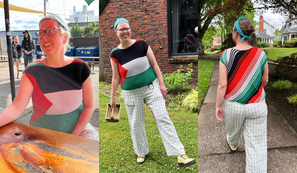 Palestinian flag as a boxy top, worn by Lee in three photos showing front and back