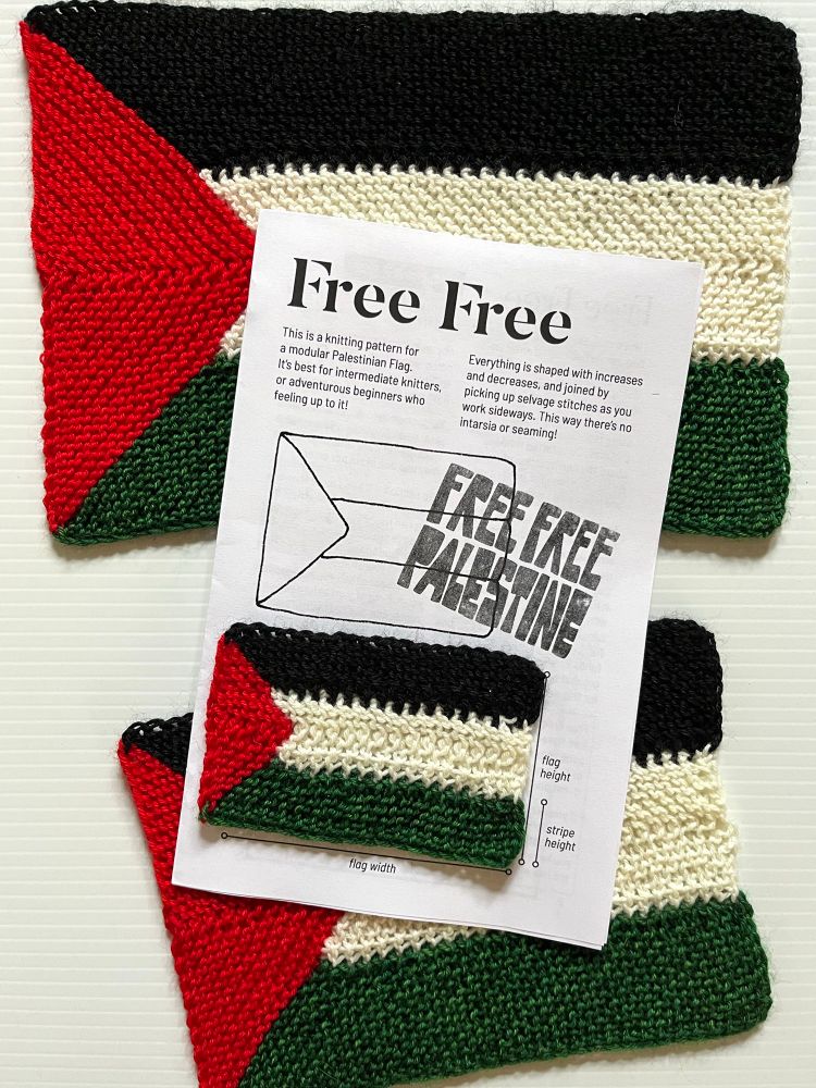 Free Free pattern zine and three knit Palestinian flags of different sizes