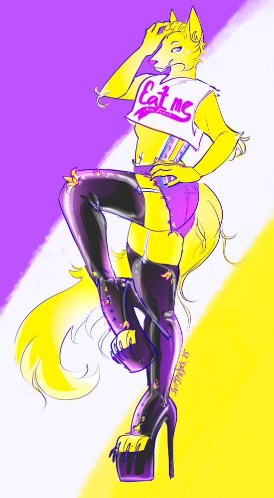 a digital drawing of a furry burlesque dancer wolf, rocking latex heels and a croptop that says "Eat me / Ass first!"