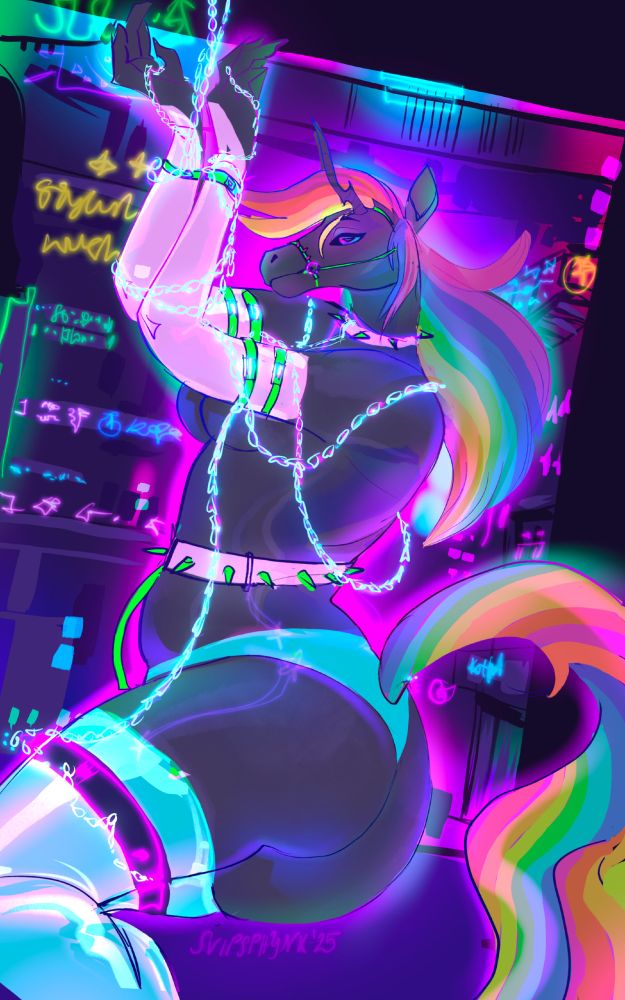a unicorn bound in chains that are sliding off their fingers, looking from below at the camera with a mischevious smirk.  in the background a number of neon signs can be seen, glimmering strongly