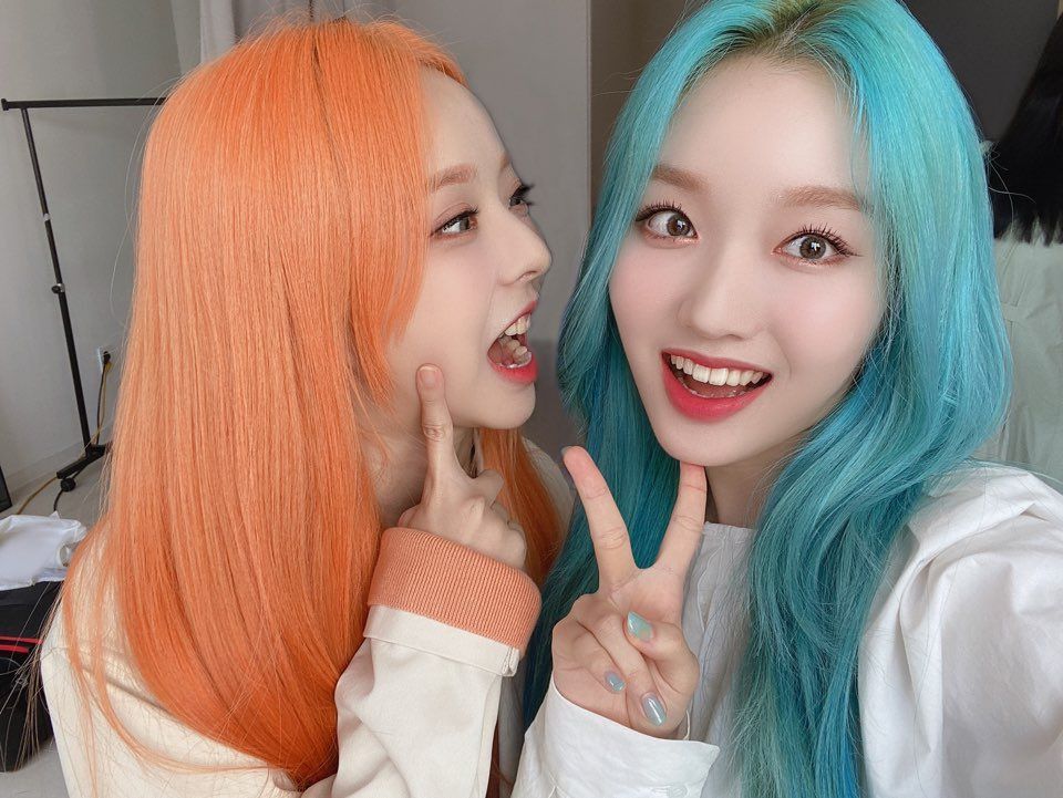 vivi with orange hair and gowon with blue hair during why not era 