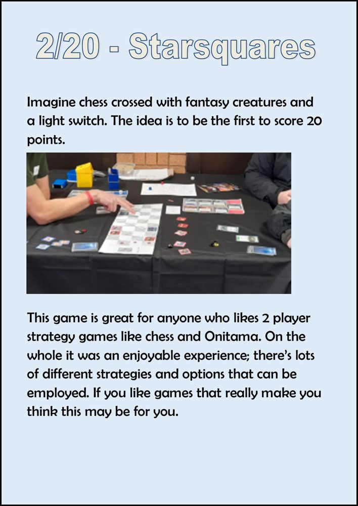 Imagine chess crossed with fantasy creatures and a light switch. The idea is to be the first to score 20 points.
This game is great for anyone who likes 2 player strategy games like chess and Onitama. On the whole it was an enjoyable experience; there’s lots of different strategies and options that can be employed. If you like games that really make you think this may be for you.
