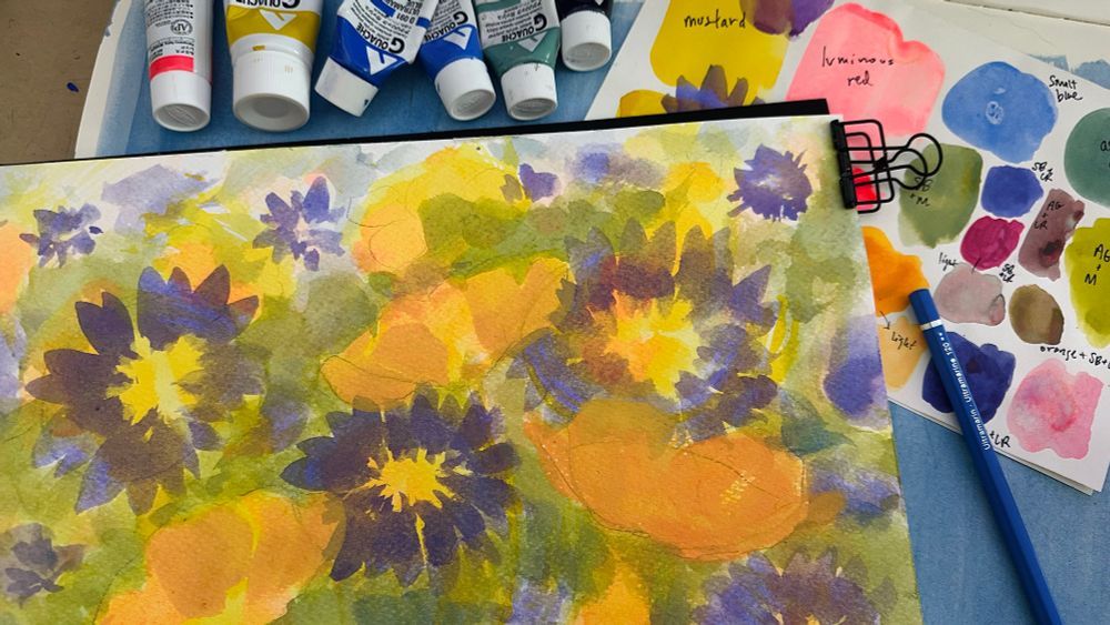 a work in progress painting of purple & yellow flowers 