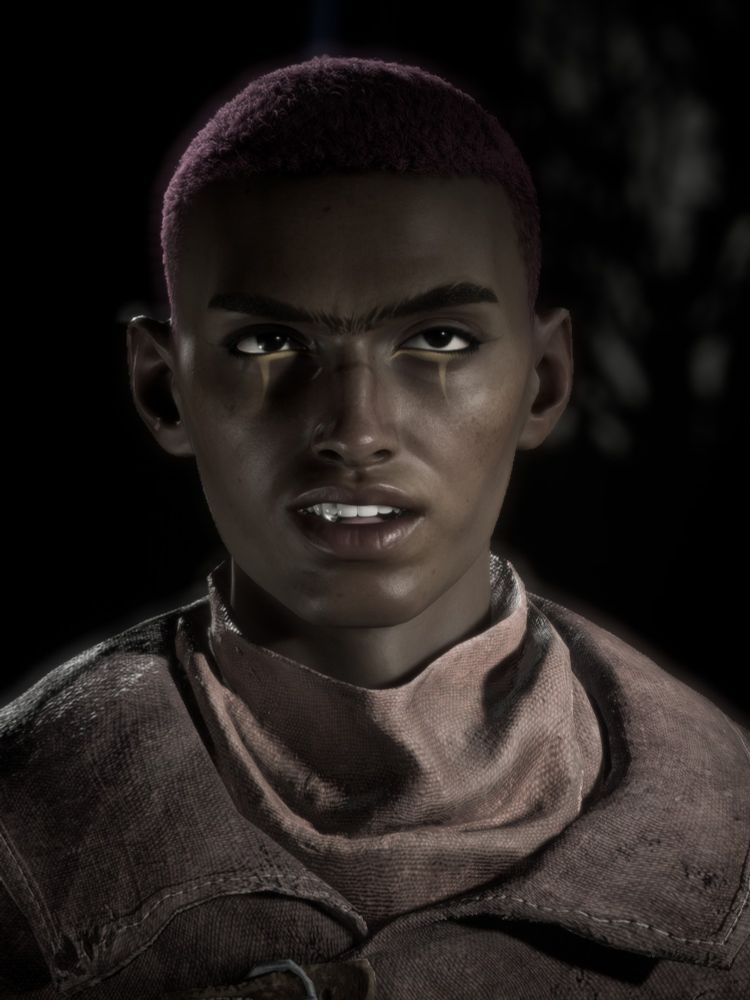 Screenshot of my human Rook, Olwys Laidir from the video game Dragon Age: The Veilguard. It is from the shoulders up. They are facing the camera. Their upper lip is curled up on one side, exposing their canine in an expression of challenging confidence and mild derision.

Eshke has medium brown skin and close cropped bright pink hair, with thick dark brows that meet in the middle. They have dark brown eyes. They have a small scar across the upper bridge of their nose. They have golden eyeliner with a little black liner at the outer edge of the their upper eyelid.
