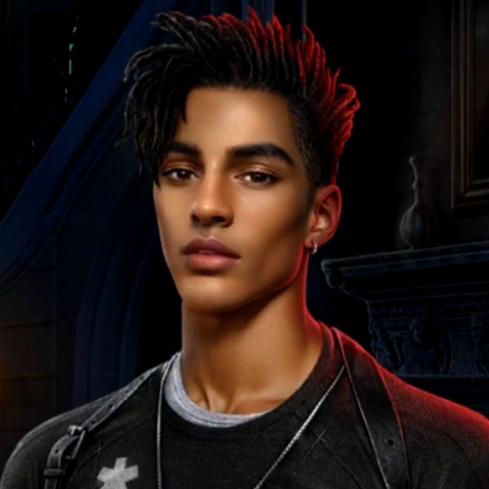 Greg: a black man with lighter brown skin, black hair and dark brown eyes. He is looking directly at the viewer with a neutral expression.
His hair is shaved on the sides, with medium-short length dredlocks on the top of his head. His eyebrows are black and thick.
He is wearing a small silver-gold hoop in his left ear. He has a dark grey long sleeve shirt on with a light grey undershirt.  There are leather straps of holsters going around the back of his neck/shoulders. He is wearing a thin silver chain necklace that is long enough to go out of frame.
The background is dark and indoors with gentle warm lighting and a fireplace.