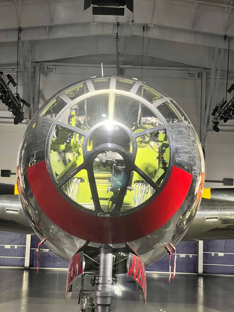 A closeup shot at the plexiglas nose windows of “Doc”, a restored B-29 bomber, from its hanger in Wichita, Kansas