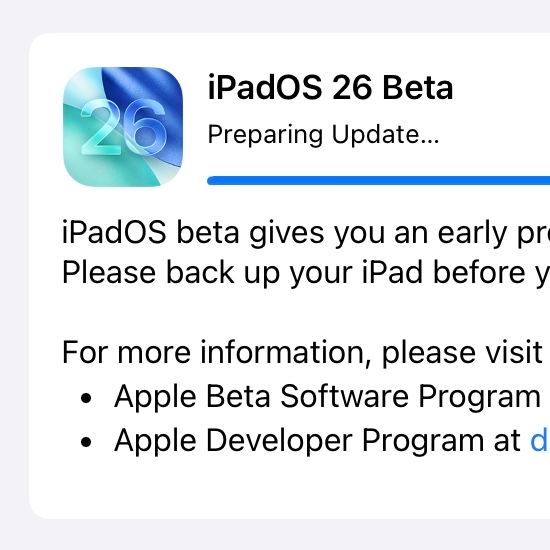 iPad OS 26 public beta update progress bar 