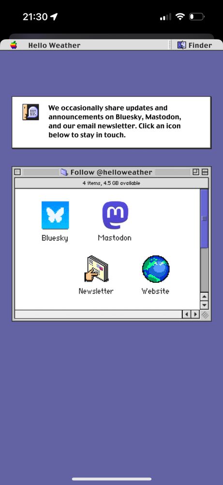 Hello Weather social icons in a MacOS Classic Finder window
