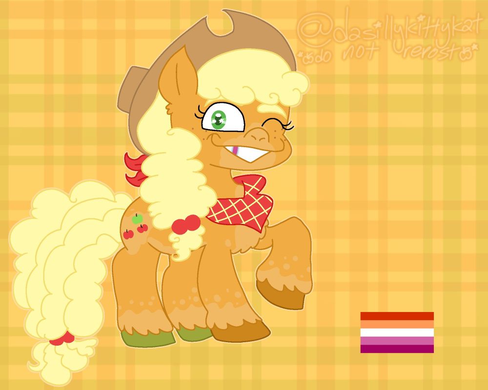 artwork of a redesigned applejack w lighter orange vitiligo, curlier hair like her mother, pear butter, thicker eyebrows, green and brownish-orange hooves, red w yellow plaid bandana, n w a tooth gap !! even redesigned applejack's cutie mark, w da third apple bein green !!
n also there's a lesbian flag cuz many fans hc applejack (n also rainbow dash !) as a lesbian!