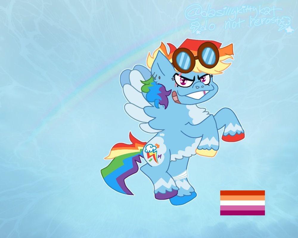 artwork of a redesigned apple w lighter blue vitiligo, shorter hair to make it based off a lightning bolt, thicker eyebrows, red, yellow, blue, and purple hooves, gray ear n nose piercings, n w a tooth gap !! even redesigned rainbow's cutie mark, w da lightning bolts now having green orange, n purple in it !! n also there's a lesbian flag cuz many fans hc rainbow (n also applejack !) as a lesbian! 