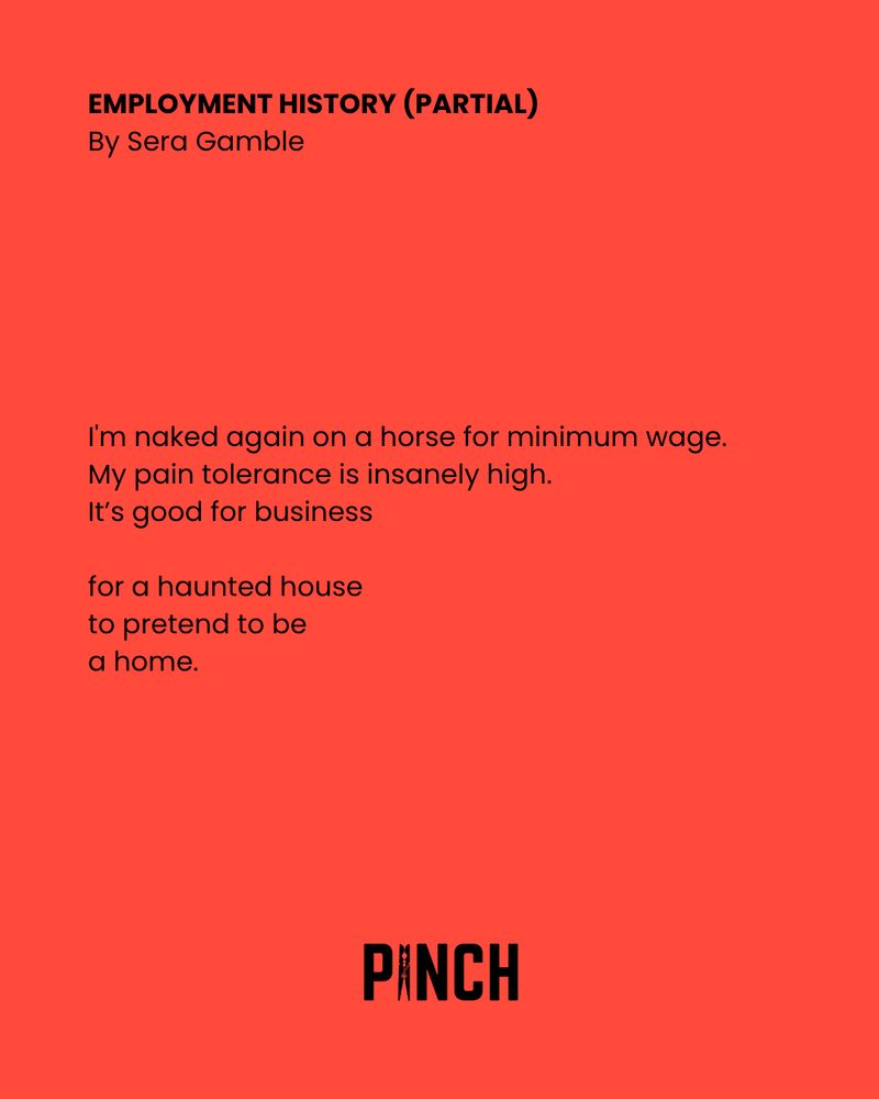 Employment History (Partial)
By Sera Gamble

I'm naked again on a horse for minimum wage.
My pain tolerance is insanely high.
It's good for business

for a haunted house
to pretend to be
a home.
